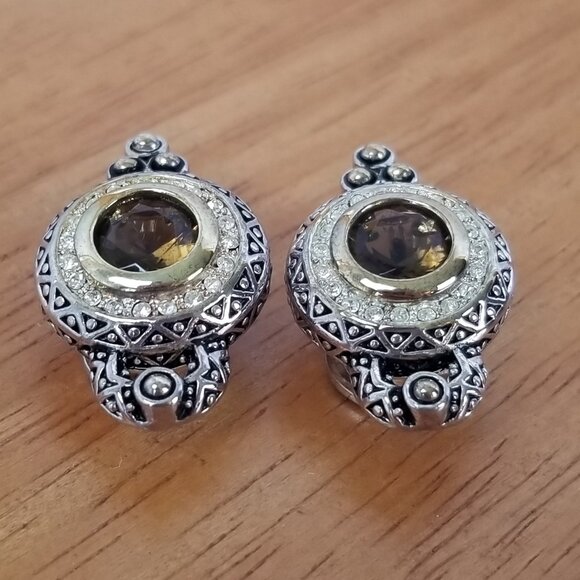 Antiqued Silver and Brown Clip Post Earrings Rhinestones Premier Designs Granny - Picture 8 of 9